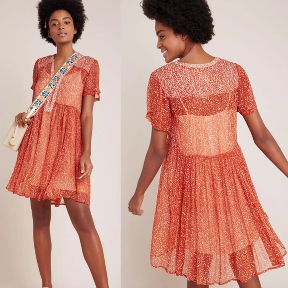 Maeve x Anthropologie Adrian Sheer Tunic Dress In Dark Orange Women's Size S - Picture 1 of 10